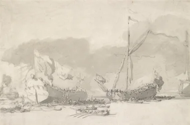 El lanzamiento de un buque de guerra de una sola cubierta con un yate real en asistencia